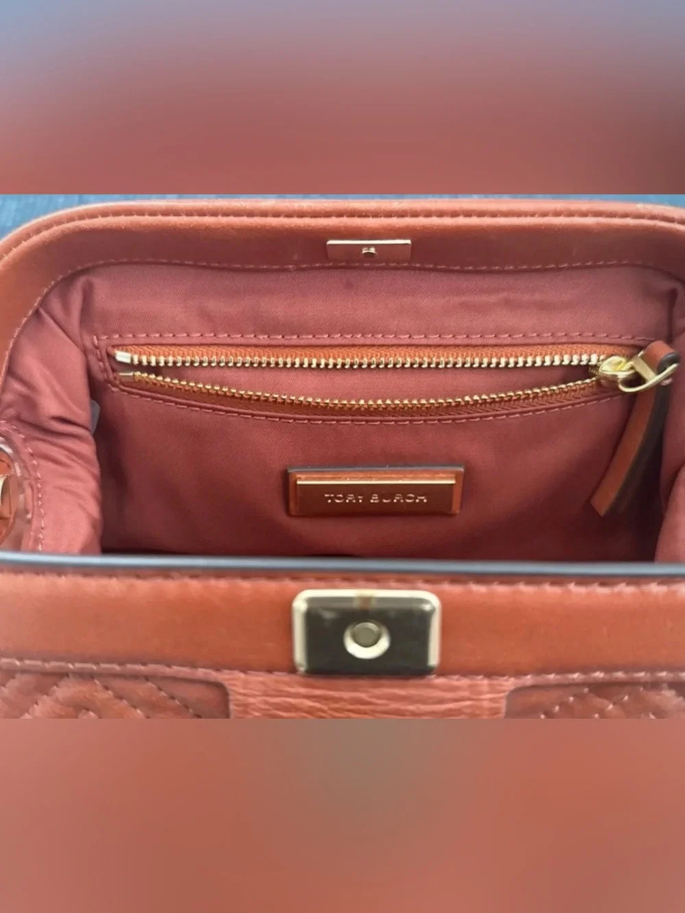 Tory Burch Quilted Leather Crossbody Bag in Burnt Orange with Gold Chain